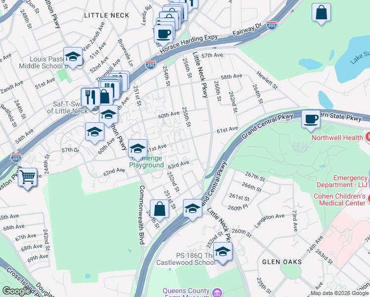 map of restaurants, bars, coffee shops, grocery stores, and more near 25334 61st Avenue in Queens