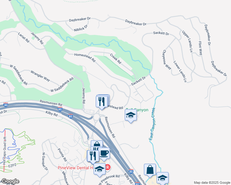 map of restaurants, bars, coffee shops, grocery stores, and more near 3026 Lower Saddleback Road in Park City