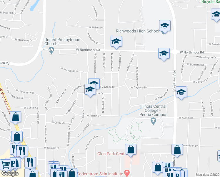 map of restaurants, bars, coffee shops, grocery stores, and more near 1826 West Daytona Drive in Peoria