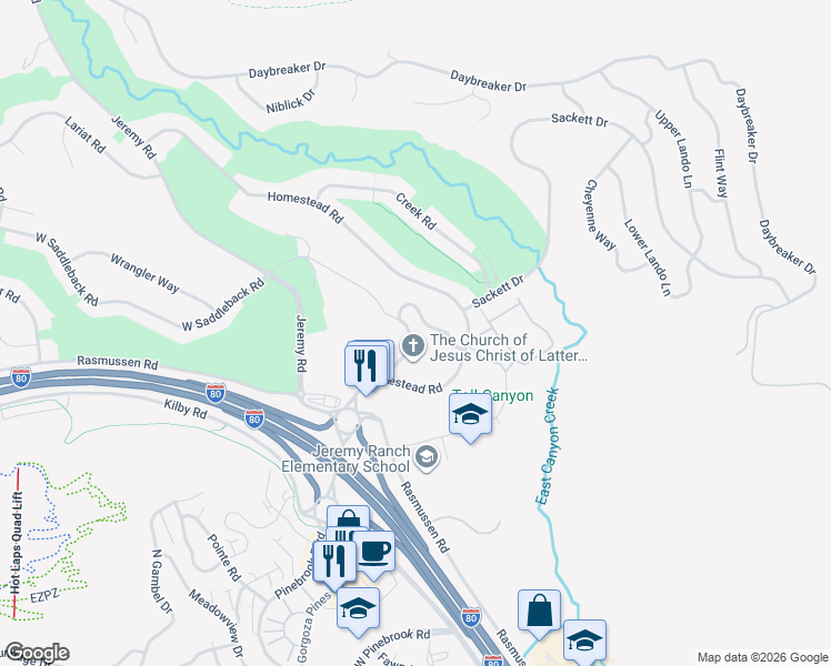 map of restaurants, bars, coffee shops, grocery stores, and more near 3028 Canyon Link Drive in Park City