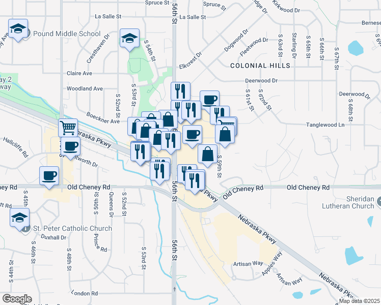 map of restaurants, bars, coffee shops, grocery stores, and more near 5500 South 56th Street in Lincoln