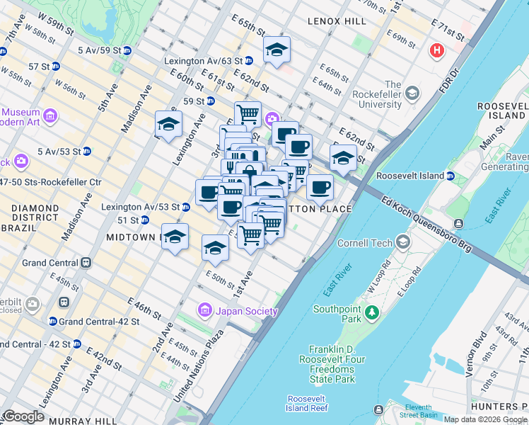 map of restaurants, bars, coffee shops, grocery stores, and more near 305 East 55th Street in New York