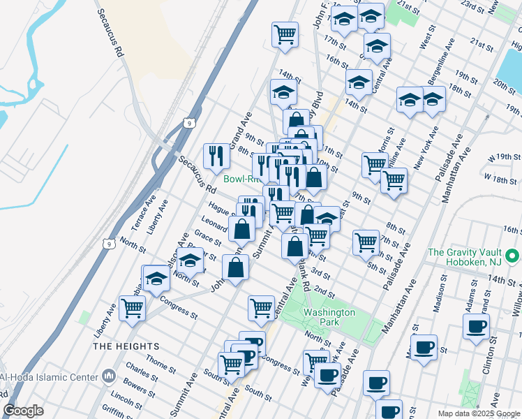 map of restaurants, bars, coffee shops, grocery stores, and more near 1108 5th Street in North Bergen