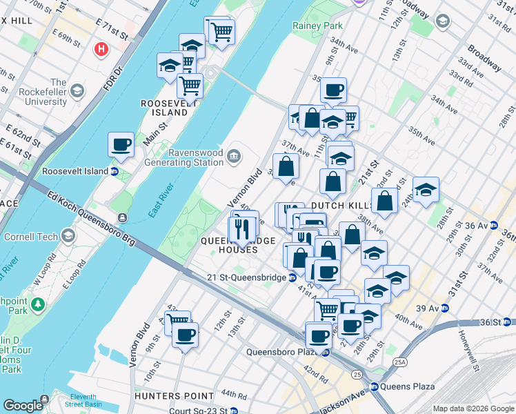 map of restaurants, bars, coffee shops, grocery stores, and more near 38-35 9th Street in Queens