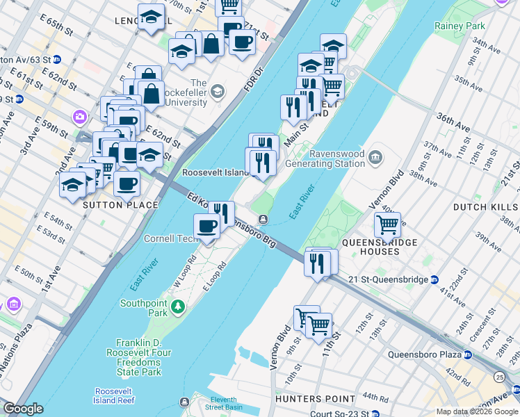 map of restaurants, bars, coffee shops, grocery stores, and more near 405-425 Main Street in New York