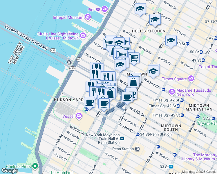 map of restaurants, bars, coffee shops, grocery stores, and more near 505 West 38th Street in New York