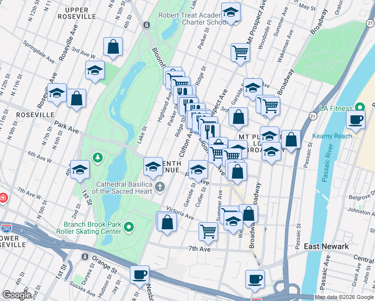 map of restaurants, bars, coffee shops, grocery stores, and more near 240 Clifton Avenue in Newark
