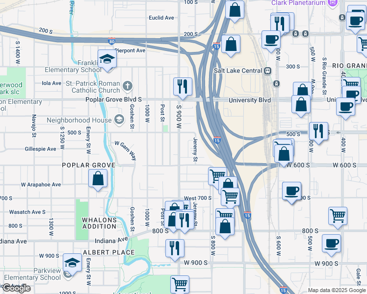 map of restaurants, bars, coffee shops, grocery stores, and more near 535 South 900 West in Salt Lake City