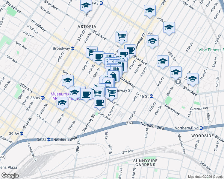 map of restaurants, bars, coffee shops, grocery stores, and more near 3818 Broadway in Queens