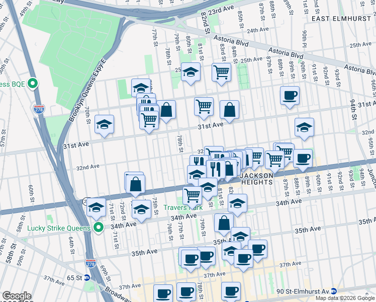 map of restaurants, bars, coffee shops, grocery stores, and more near 31-31 79th Street in Queens