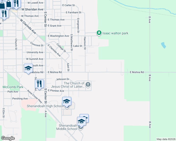 map of restaurants, bars, coffee shops, grocery stores, and more near Harrison Street in Shenandoah