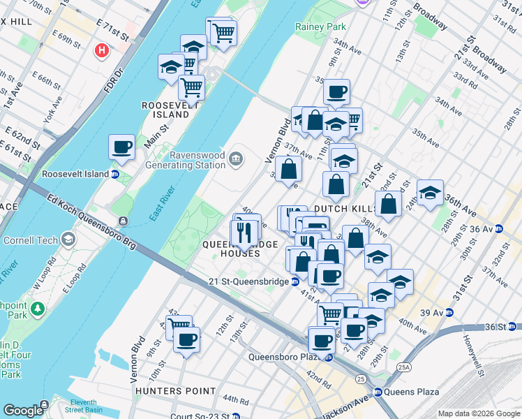 map of restaurants, bars, coffee shops, grocery stores, and more near 38-35 9th Street in Queens