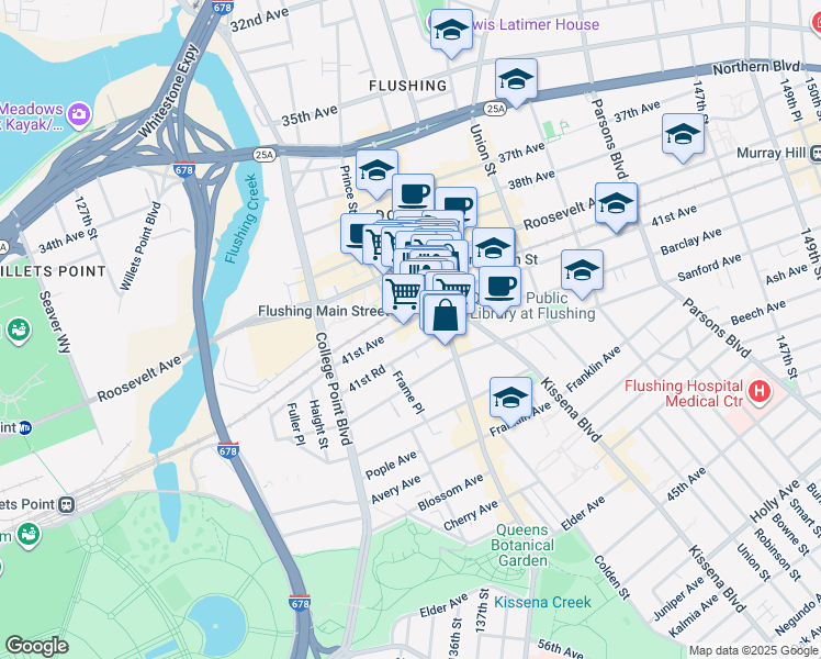 map of restaurants, bars, coffee shops, grocery stores, and more near 135-24 40th Road in Queens