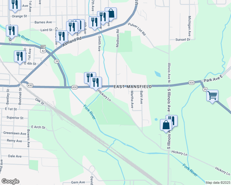 map of restaurants, bars, coffee shops, grocery stores, and more near 684 Park Avenue East in Mansfield