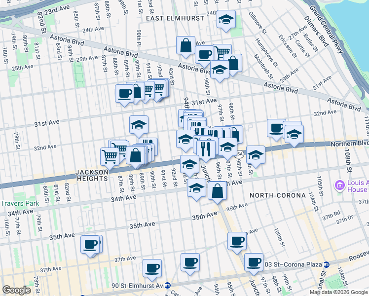 map of restaurants, bars, coffee shops, grocery stores, and more near in Queens