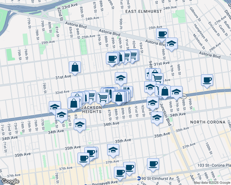map of restaurants, bars, coffee shops, grocery stores, and more near 32-23 88th Street in Queens