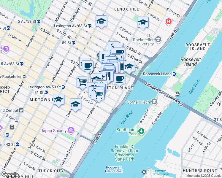 map of restaurants, bars, coffee shops, grocery stores, and more near 405 East 56th Street in New York