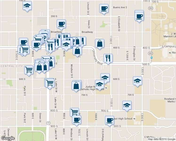 map of restaurants, bars, coffee shops, grocery stores, and more near 932 East 500 South in Salt Lake City