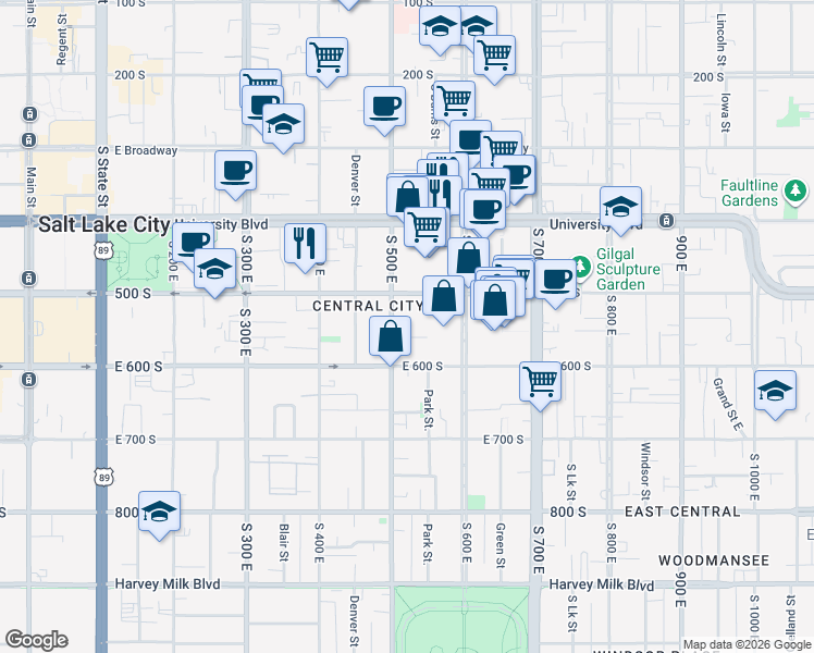 map of restaurants, bars, coffee shops, grocery stores, and more near 515 500 East in Salt Lake City
