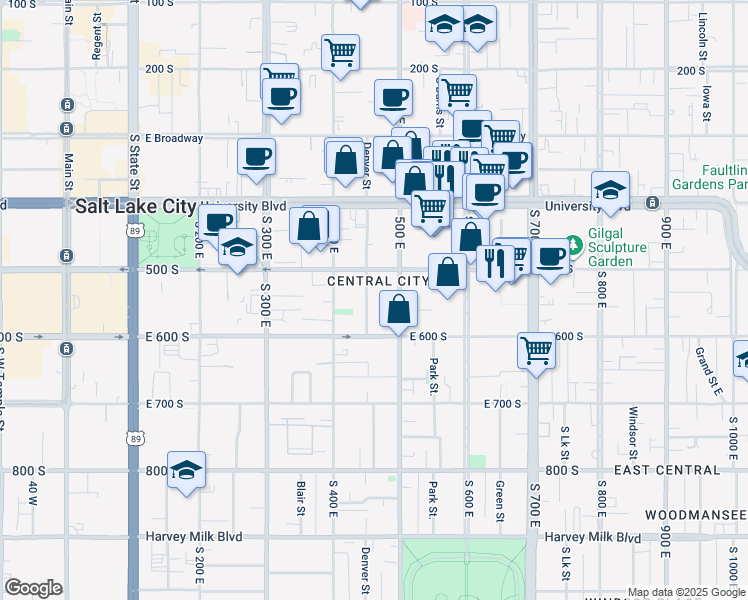 map of restaurants, bars, coffee shops, grocery stores, and more near in Salt Lake City