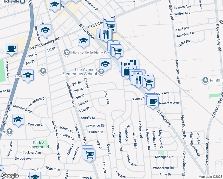 map of restaurants, bars, coffee shops, grocery stores, and more near 28 8th Street in Hicksville