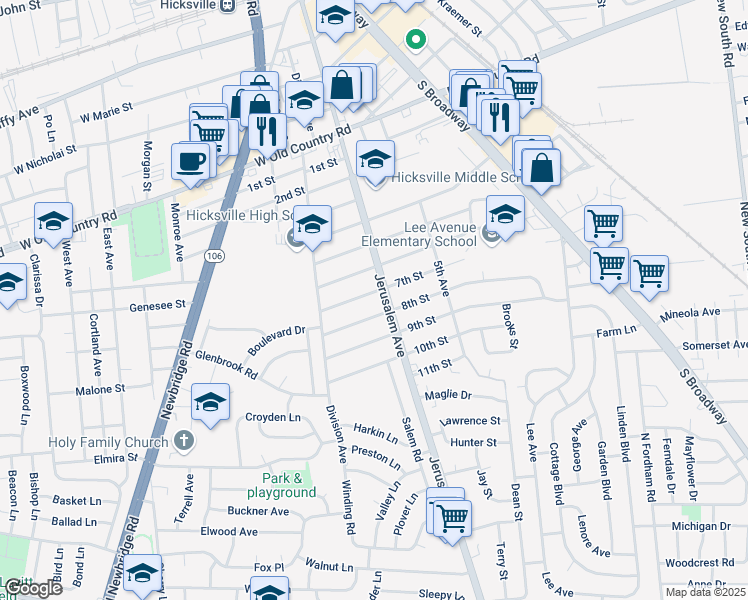 map of restaurants, bars, coffee shops, grocery stores, and more near 164 7th Street in Hicksville