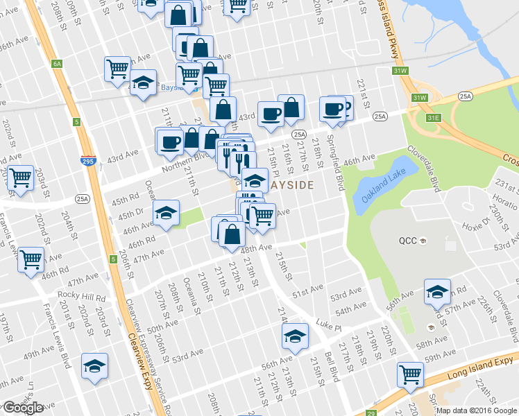 map of restaurants, bars, coffee shops, grocery stores, and more near 214-25 46th Road in Queens