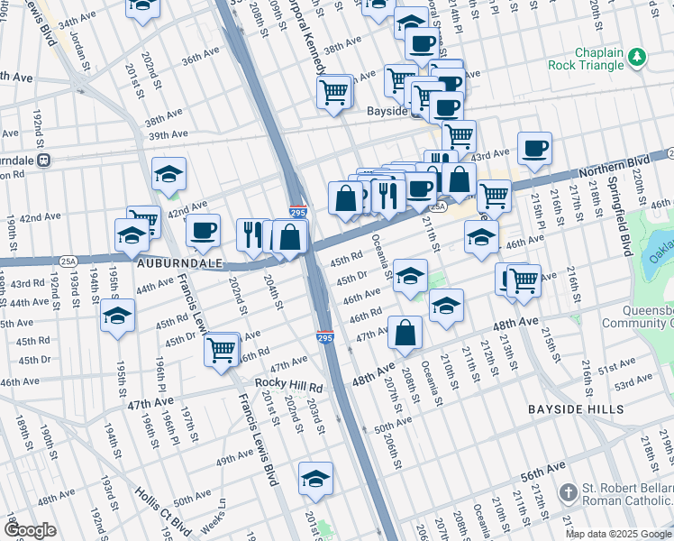 map of restaurants, bars, coffee shops, grocery stores, and more near 207-02 Northern Boulevard in Queens