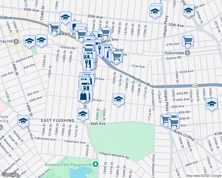 map of restaurants, bars, coffee shops, grocery stores, and more near 43-20 165th Street in Queens