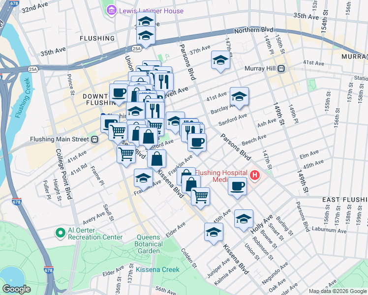 map of restaurants, bars, coffee shops, grocery stores, and more near 143-20 Sanford Avenue in Queens