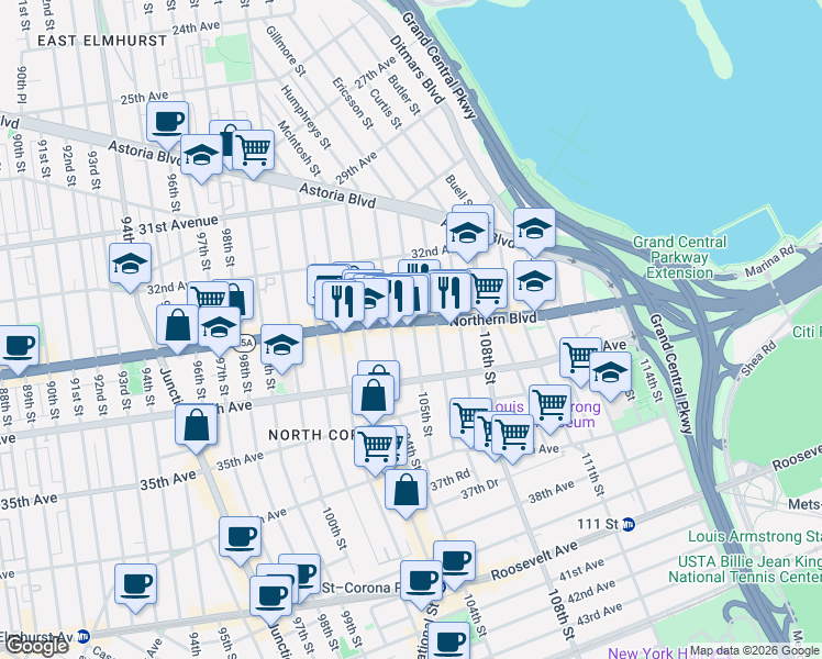 map of restaurants, bars, coffee shops, grocery stores, and more near in Queens