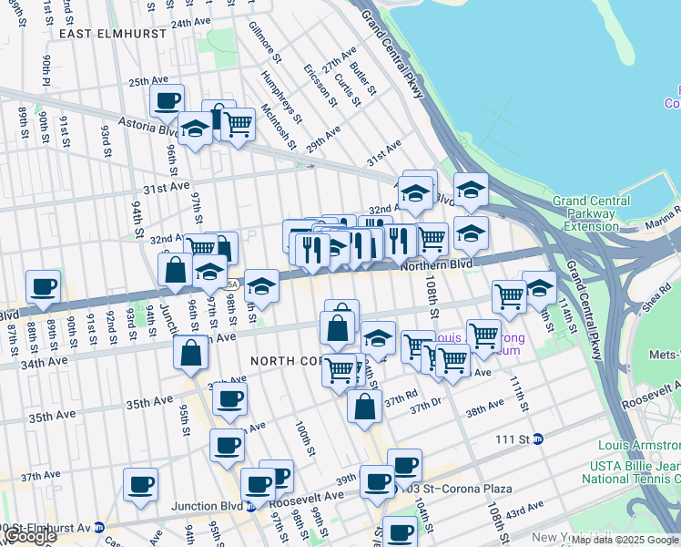map of restaurants, bars, coffee shops, grocery stores, and more near in Queens