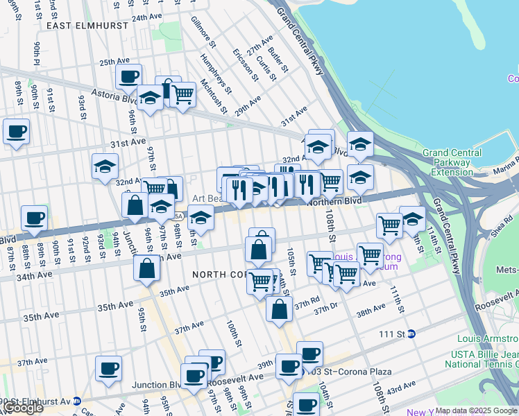 map of restaurants, bars, coffee shops, grocery stores, and more near in Queens