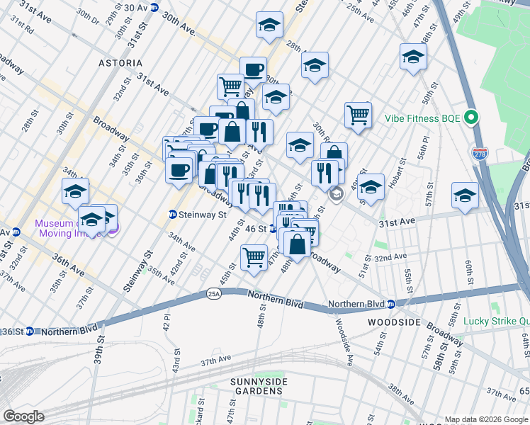 map of restaurants, bars, coffee shops, grocery stores, and more near 31-53 45th Street in Queens
