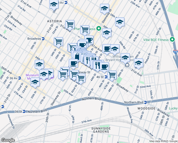 map of restaurants, bars, coffee shops, grocery stores, and more near 42-14 Broadway in Queens