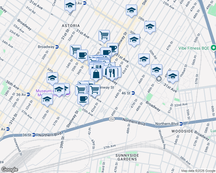 map of restaurants, bars, coffee shops, grocery stores, and more near 32-21 41st Street in Queens