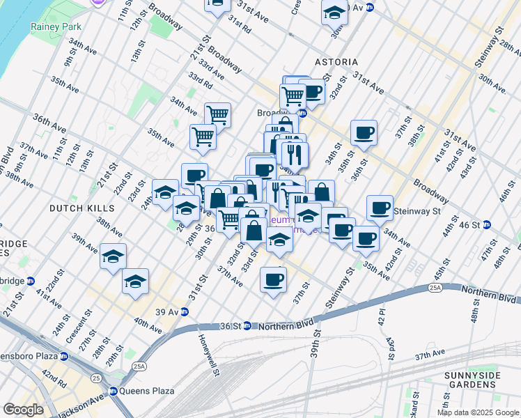 map of restaurants, bars, coffee shops, grocery stores, and more near 34-56 33rd Street in Queens