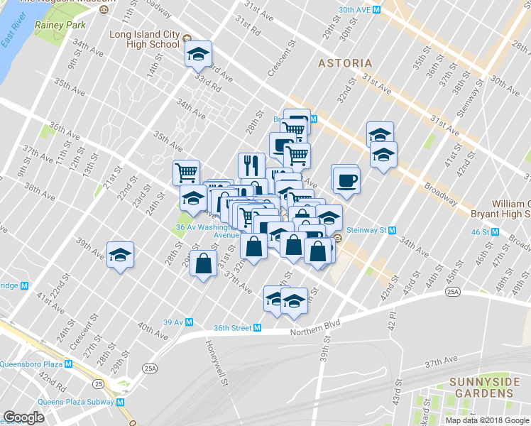 map of restaurants, bars, coffee shops, grocery stores, and more near 30-14 35th Avenue in Queens