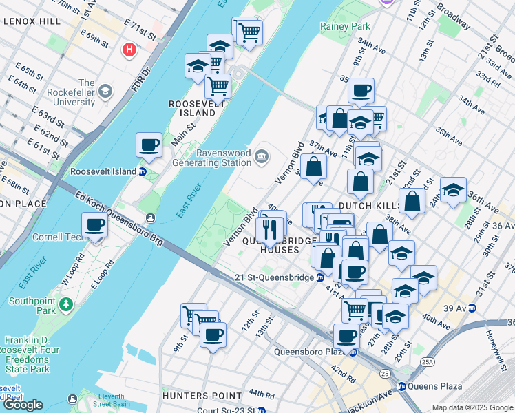 map of restaurants, bars, coffee shops, grocery stores, and more near in Queens