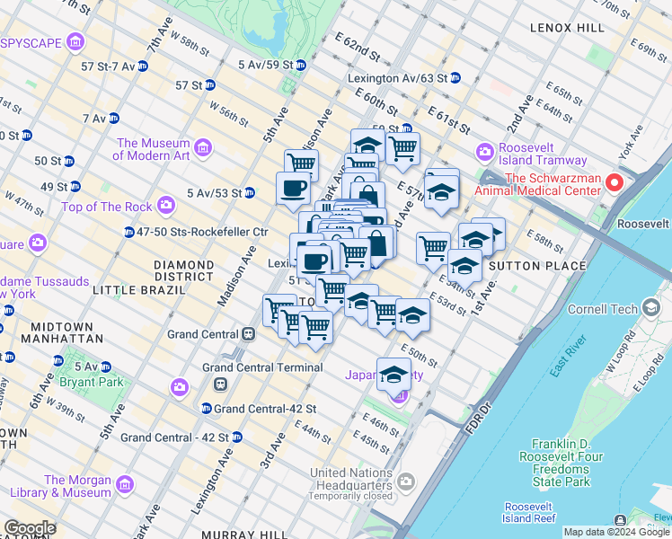 map of restaurants, bars, coffee shops, grocery stores, and more near in New York