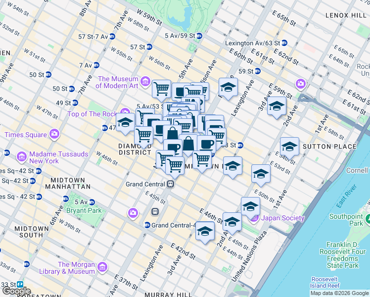 map of restaurants, bars, coffee shops, grocery stores, and more near 320 Park Avenue in New York