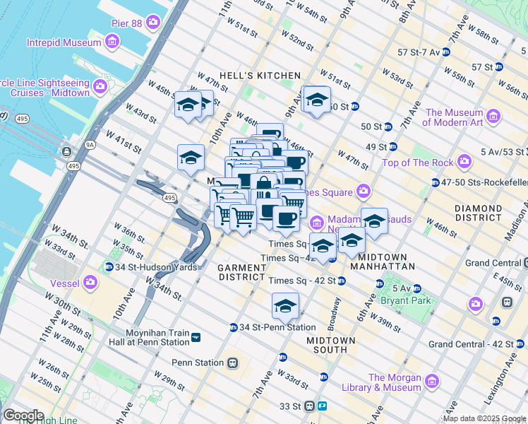 map of restaurants, bars, coffee shops, grocery stores, and more near 401 West 42nd Street in New York