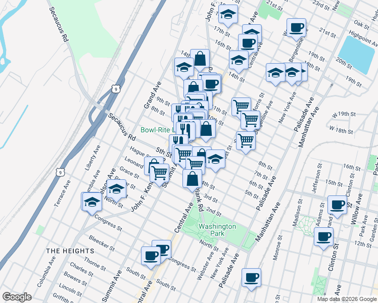 map of restaurants, bars, coffee shops, grocery stores, and more near 709 Summit Avenue in Union City