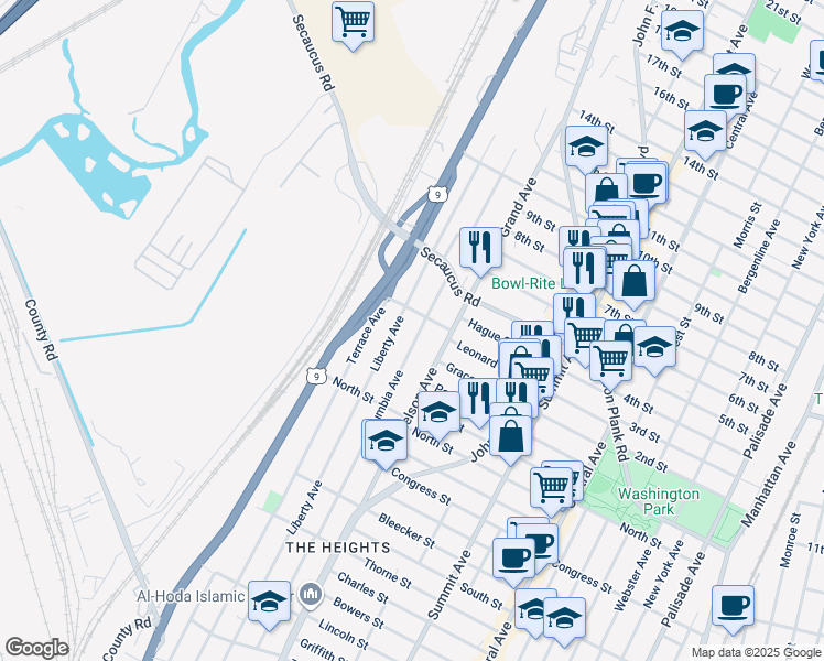 map of restaurants, bars, coffee shops, grocery stores, and more near 299 Columbia Avenue in Jersey City