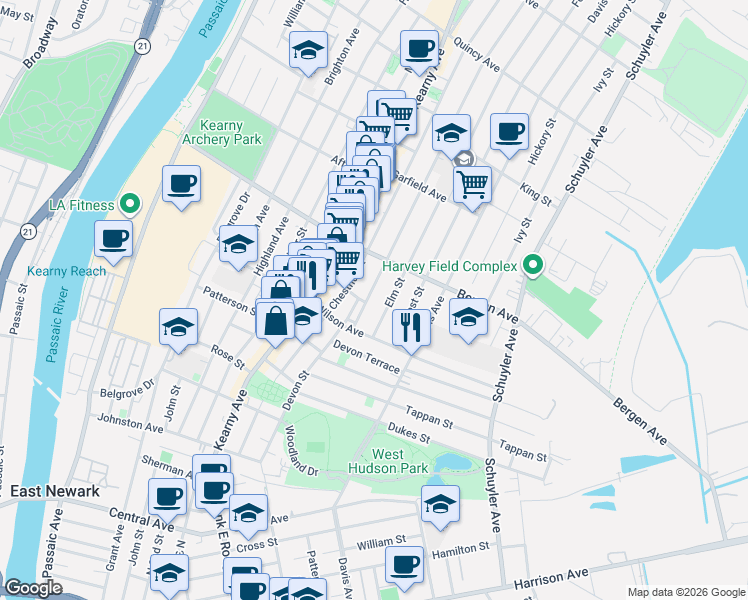 map of restaurants, bars, coffee shops, grocery stores, and more near 211-213 Devon Street in Kearny