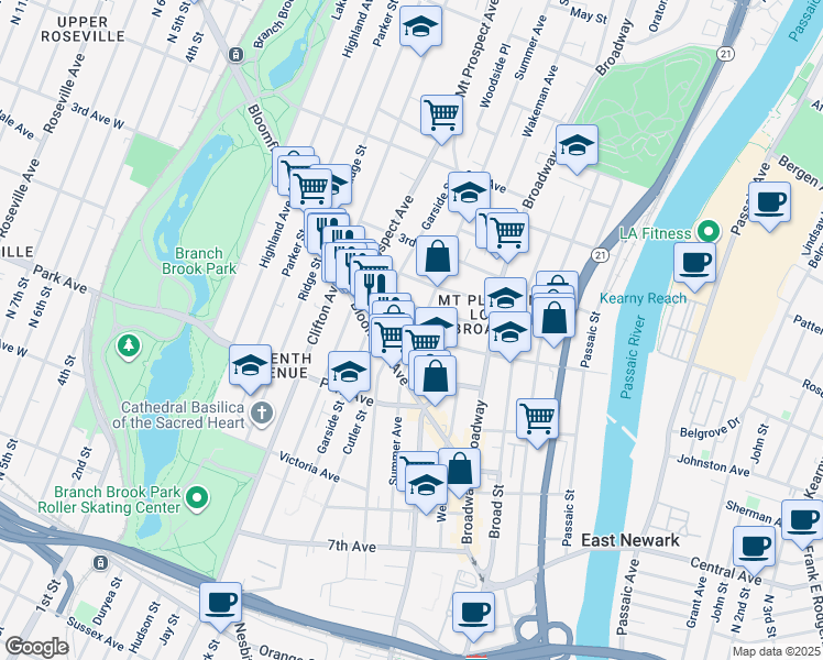 map of restaurants, bars, coffee shops, grocery stores, and more near 74 Kearny Street in Newark