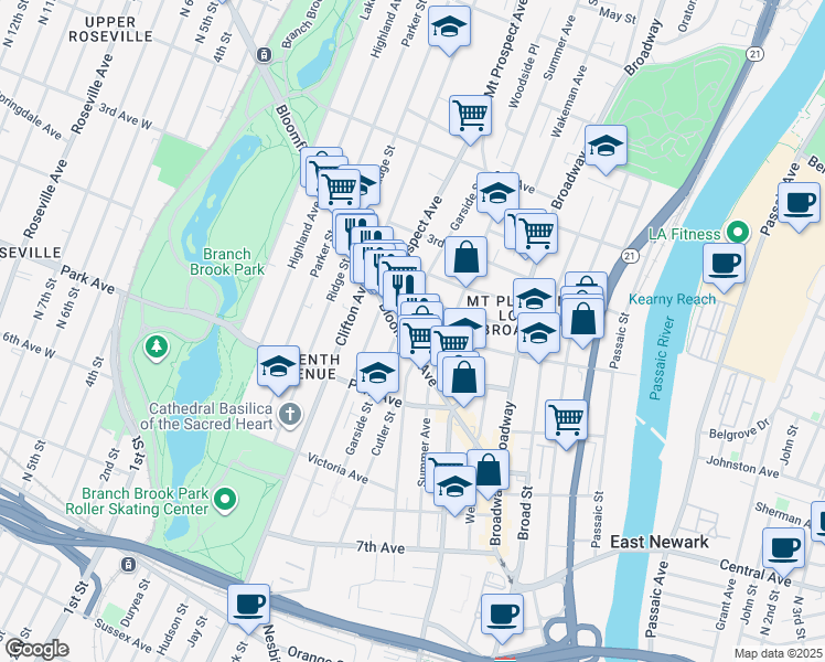 map of restaurants, bars, coffee shops, grocery stores, and more near 74 Kearny Street in Newark
