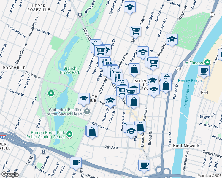 map of restaurants, bars, coffee shops, grocery stores, and more near 101 Mount Prospect Avenue in Newark