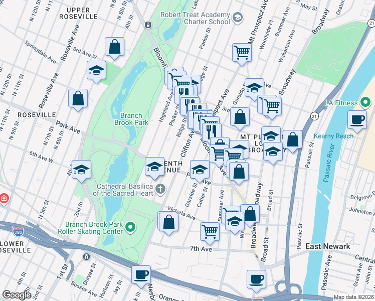 map of restaurants, bars, coffee shops, grocery stores, and more near 240 Clifton Avenue in Newark