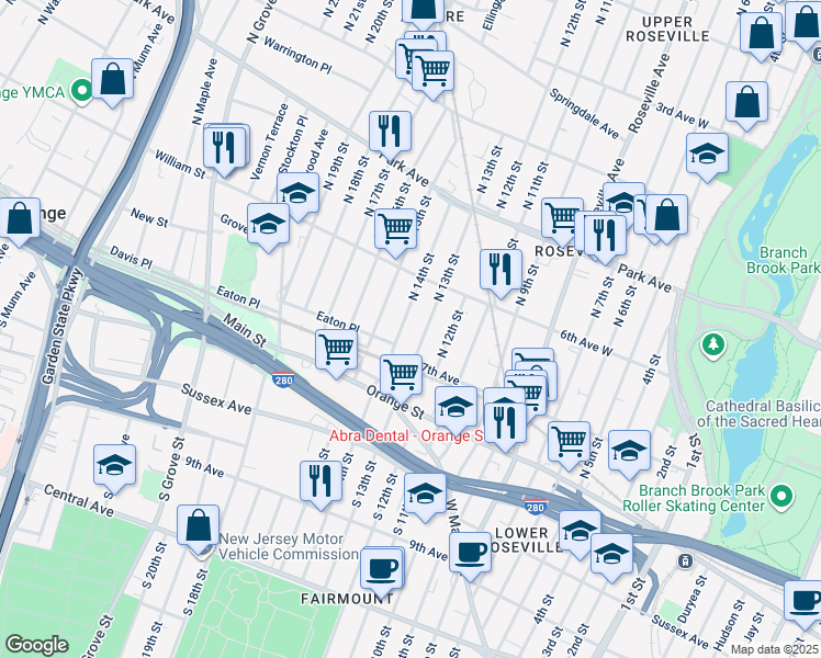 map of restaurants, bars, coffee shops, grocery stores, and more near 69 North 14th Street in East Orange